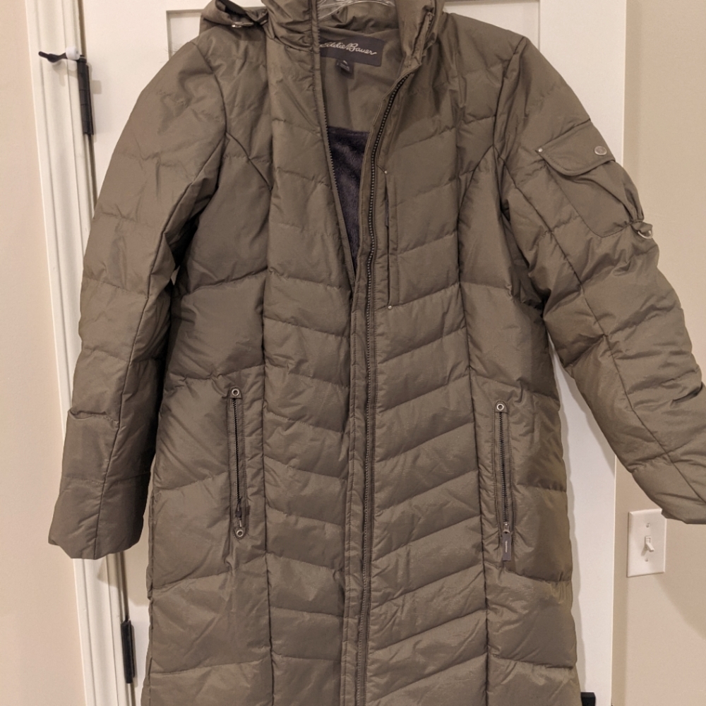 Eddie Bauer long down coat with hood. Size XL. Taupe/gray.